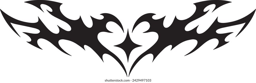 Neo tribal y2k tattoo with heart shape. Cyber sigilism style hand drawn ornaments. Vector illustration of black gothic tribal tattoo designs