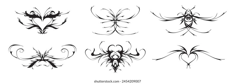 Neo tribal y2k tattoo, heart and butterfly shape, gothic pentagram goat. Stock vector illustration cyber sigilism style hand drawn ornaments.