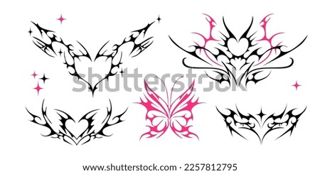 Neo tribal y2k tattoo, heart and butterfly shape. Cyber sigilism style hand drawn ornaments. Vector illustration of black and pink emo gothic tribal tattoo designs