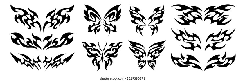 Conjunto de tatuajes Neo tribal y2k. Mariposa gótica neotribal con alas, llama, forma de corazón, divisores abstractos simétricos. Elementos de diseño de cibersigilismo. Adornos celtas góticos, pegatinas estilizadas emo