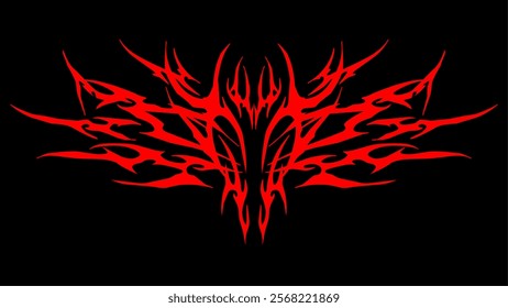 Neo tribal y2k tattoo with symmetrical red shape. Cyber sigilism style hand drawn ornaments. Vector design of gothic tribal tattoo