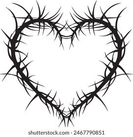 Neo tribal y2k tattoo with thorns heart shape. Cyber sigilism style hand drawn ornaments. Vector illustration of black gothic tribal tattoo designs, print for t-short