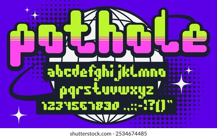 Neo type, geometric y2k font, brutal typeface, inflated alphabet. Abstract pixel art letters and numbers font vector typography set on halftone background with y2k globe. Abc characters geometric type