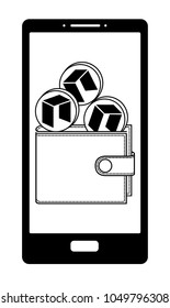 neo wallet on the  phone screen, crypto currensy in the wallet on a screen phone , neo coins in the wallet ,design concept black and white