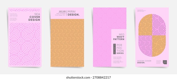 Neo wavy ocean pattern cover design set. Minimal pink yellow japanese wave template collection. Pink and Orange Sea Line Patterns for Trendy Youth Branding, Music Album and Social Media Design.