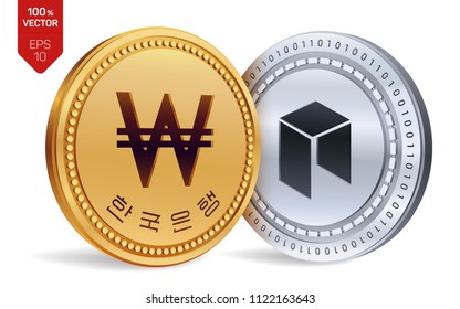 Neo. Won. 3D isometric Physical coins. Digital currency. Korea Won coin. Cryptocurrency. Golden and silver coins with Neoa and Won symbol isolated on white background. Vector illustration.