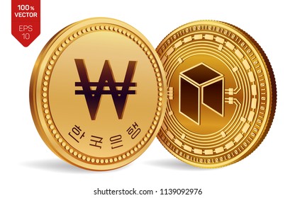 Neo. Won. 3D isometric Physical coins. Digital currency. Korea Won coin. Cryptocurrency. Golden coins with Neo and Won symbol isolated on white background. Vector illustration.
