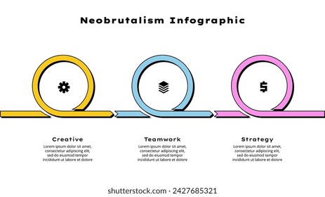 Le néobrutalisme infographie de progression horizontale avec 3 options, étapes ou processus. Modèle de présentation rétro