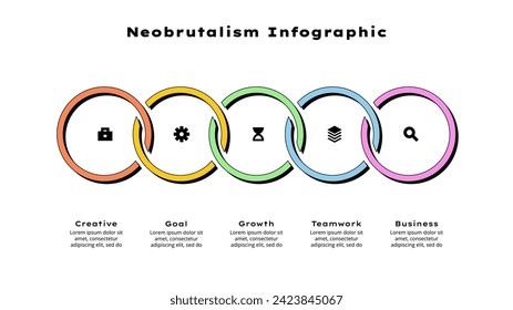 Chronologie horizontale du néobrutalisme. Infographie avec 5 options, étapes ou processus. Modèle de présentation rétro