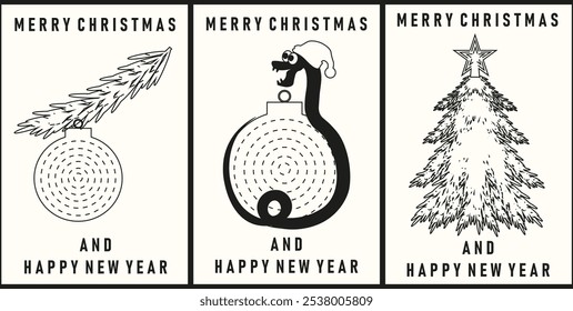 Neobrutalism Minimal style New Year greeting postcard cover set. Abstract Christmas card collection. Vector illustration can used poster cover template design. EPS 10