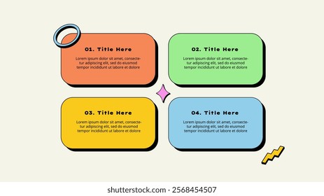 Neobrutalism presentation slide. Business data analytics y2k trendy design with 4 infographic elements