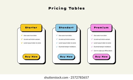 Neobrutalism pricing tables. Subscription options or what is included in the plan. Infographic design template. Flat vector illustration for website, application
