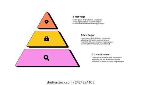 Elemento infográfico de la pirámide del neobrutalismo con 3 opciones, pasos o procesos. Plantilla de presentación retroactiva