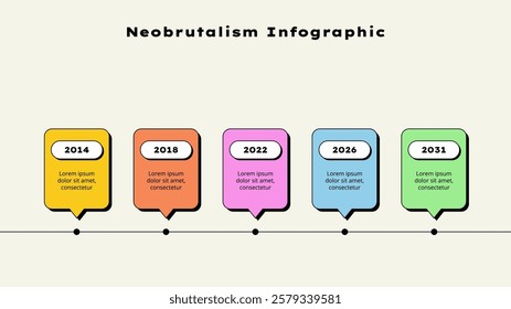 Neobrutalism style timeline infographic with 5 elements and clear year markers. Perfect for representing chronological data in modern presentations or graphic designs