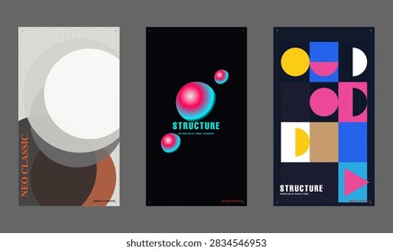 Neo-classic abstract poster set, geometric structure vector templates, minimalist Bauhaus art collection.