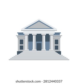 Neoclassical government building with columns and wide steps. Symmetrical neoclassical building in blue and white with tall columns and wide stairs. Ideal for financial, legal, or government-related educational content and icons.