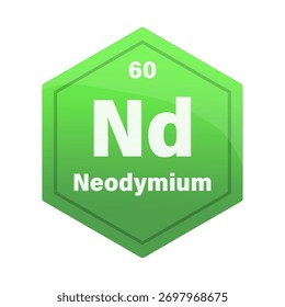 Azulejo de elemento químico de neodimio. Número atómico sesenta. Icono de Vector de signo Nd. Hexágono de gradiente verde brillante