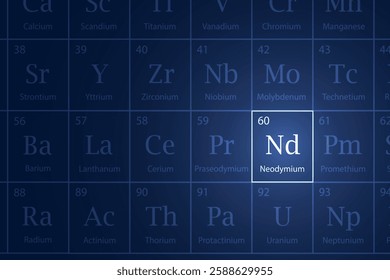 Neodymium highlighted element in periodic table with glowing effect