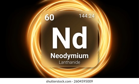 Neodymium (Nd) (060) Lanthanide, Glass Morphism Element Futuristic Neon Light Glow Background Periodic Table, Chemical Symbol, Name, Atomic Mass, Atomic Number, Vector Illustration