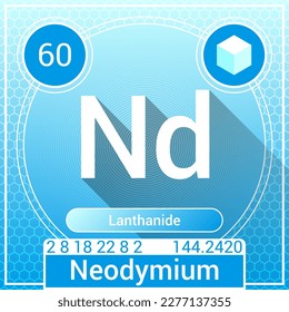 Neodymium (Nd) Element - Lanthanide - Periodic Table, Chemical Symbol, Name, Atomic Weight, Atomic Number, Electron Shells, Classification, Phase at STP - Chemistry Logo Icon Design