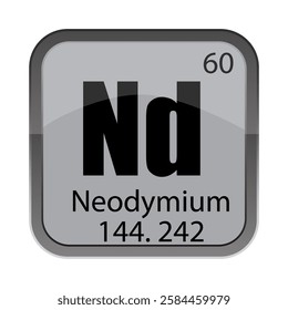 Neodymium Nd tile. 60 sixty atomic. 144.242 mass detail. Gray chemistry icon.