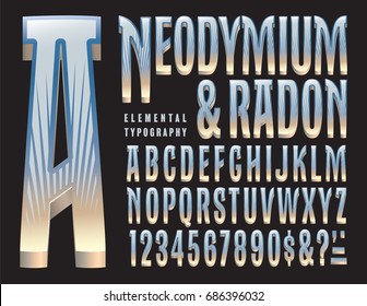 Neodymium and Radon is an original alphabet design with an art deco and cinematic flair