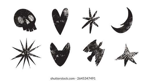 Neofolk mystic vector set with hand-drawn skull, stars, moon, heart, eyes and bird. Grunge textured occult elements for boho designs, tattoo art, and spiritual posters.