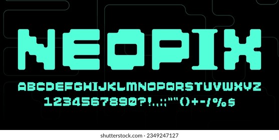 Neo-futuristische Cyberpunk-Pixelschrift: Englische Buchstaben und Zahlen mit flachem Design, perfekt für Logos, Banner und Poster