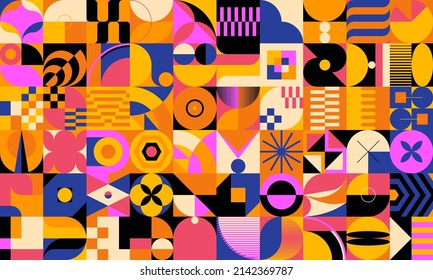 Neo-Geo vector pattern graphics artwork inspired by abstract modernist aesthetics design. Modern geometric collage for poster, cover, art, presentation, prints, fabric, wallpaper and etc.