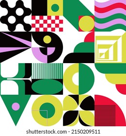 Neo-Geo vector pattern graphics artwork inspired by abstract modernist aesthetics design. Modern geometric collage for poster, cover, art, presentation, prints, fabric, wallpaper and etc.