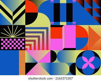 Neo-Geo vector pattern graphics artwork inspired by abstract modernist aesthetics design. Modern geometric collage for poster, cover, art, presentation, prints, fabric, wallpaper and etc.