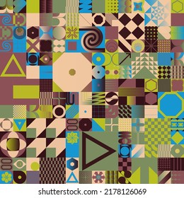 Neo-Geo vector pattern graphics artwork inspired by abstract modernist aesthetics design. Modern geometric collage for poster, cover, art, presentation, prints, fabric, wallpaper and etc.