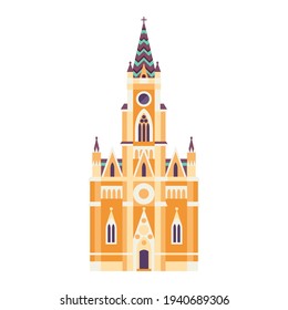 Neo-gothic cathedral icon ispired by Roman Catholic Church of the Name of Mary in Novi Sad. Largest parish church and architectural landmark in flat design.