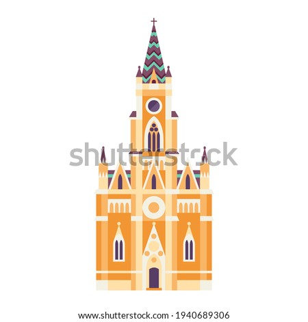 Neo-gothic cathedral icon ispired by Roman Catholic Church of the Name of Mary in Novi Sad. Largest parish church and architectural landmark in flat design.