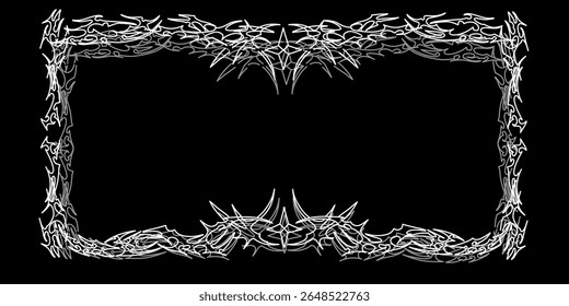 Neo-gothic tribal frame, white rectangular vector frame resembling flames. Horror-style design.