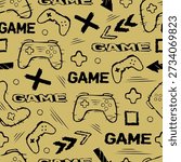 Neo-grunge gaming controllers in bento style with distressed text and geometric shapes on a mustard ground for streetwear brand apparel.