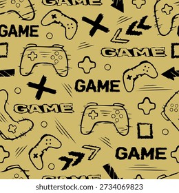 Neo-grunge gaming controllers in bento style with distressed text and geometric shapes on a mustard ground for streetwear brand apparel.