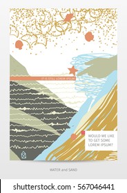 neo-grunge style vector template, summer time, waves and sand theme