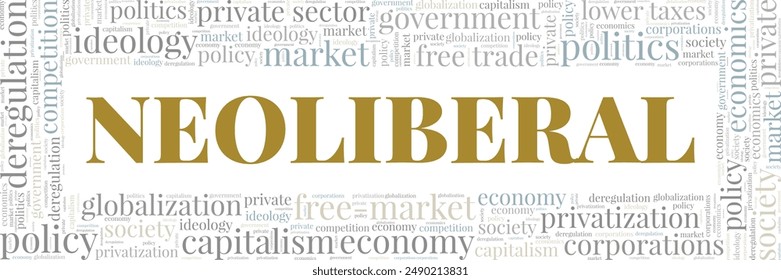 Diseño conceptual de nube de palabras neoliberal aislado sobre fondo blanco.