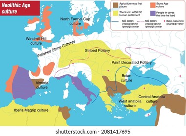 Neolithic Age culture map, Agriculture was first places, People in caves the time he lived,