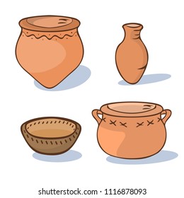 neolithic ceramics set, vector cartoon illustration of primitive clay pottery samples