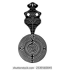 Neolithic fertility goddess standing on a round spiral maze or labyrinth symbol. Ancient female figurine from Vinča culture, Serbia. Great Mother archetype. Black and white silhouette.