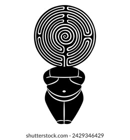 Neolithic goddess with her head as a round spiral maze or labyrinth symbol. Great Mother archetype. Creative feminist concept. Female figurine from Cukurdent, Turkey. Black and white silhouette.