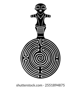 Neolithic goddess on a round spiral maze or labyrinth symbol. Great Mother archetype. Vinča culture from Serbia. Black and white silhouette.