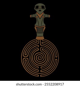 Neolithic goddess on a round spiral maze or labyrinth symbol. Great Mother archetype. Vinča culture from Serbia.