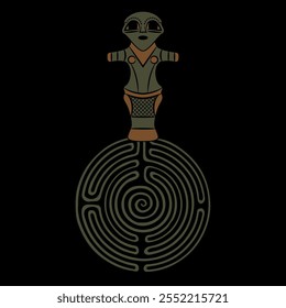 Neolithic goddess on a round spiral maze or labyrinth symbol. Great Mother archetype. Vinča culture from Serbia.