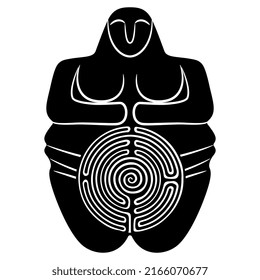 Neolithic goddess with a round spiral maze or labyrinth symbol. Great Mother archetype. Female figurine from ancient Saudi Arabia. Black and white silhouette. 