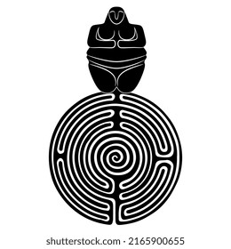 Neolithic goddess standing on top of a round spiral maze or labyrinth symbol. Great Mother archetype. Female figurine from ancient Saudi Arabia. Black and white silhouette. 