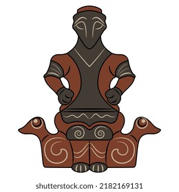 Neolithic goddess or woman sitting on two birds. Vinča culture from Serbia. Isolated vector illustration.