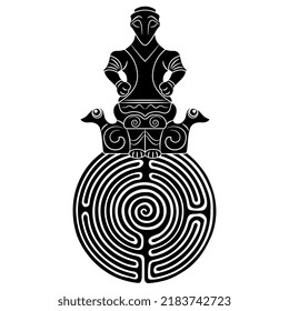 Neolithic goddess or woman sitting on two birds on top of a round spiral maze or labyrinth symbol. Vinča culture from Serbia. Black and white silhouette. Creative mythological concept.